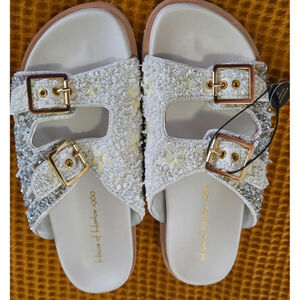 House of Harlow Beaded Intricate Embellished Silver White Buckle Slides NWT 8